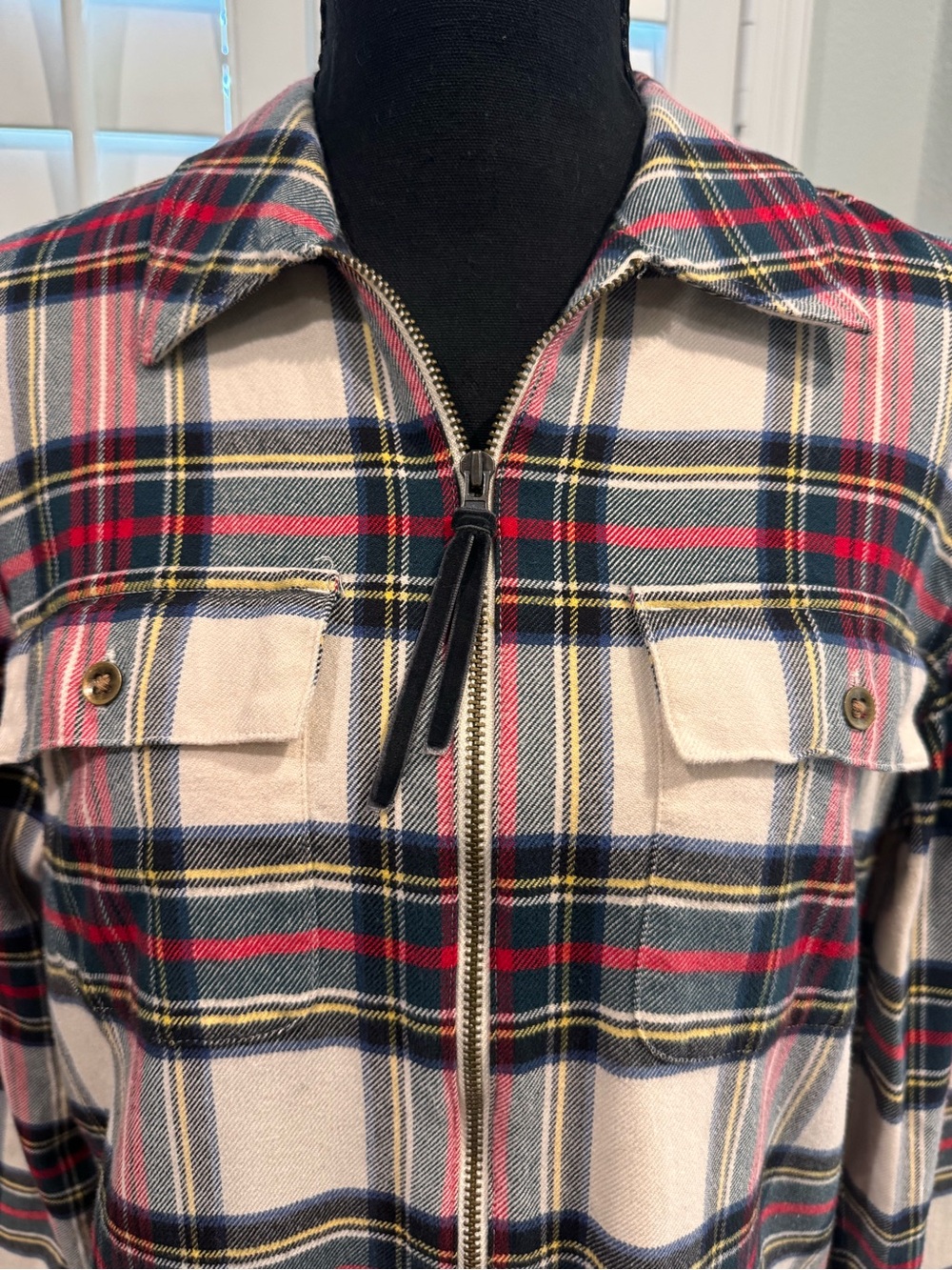 Chaps Beige Red Navy Plaid Zip-Up Shirt